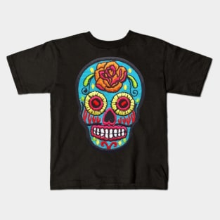 Sugar SKULL Blue mexican embroidery day of the dead flowers colorful calaverita Kids T-Shirt